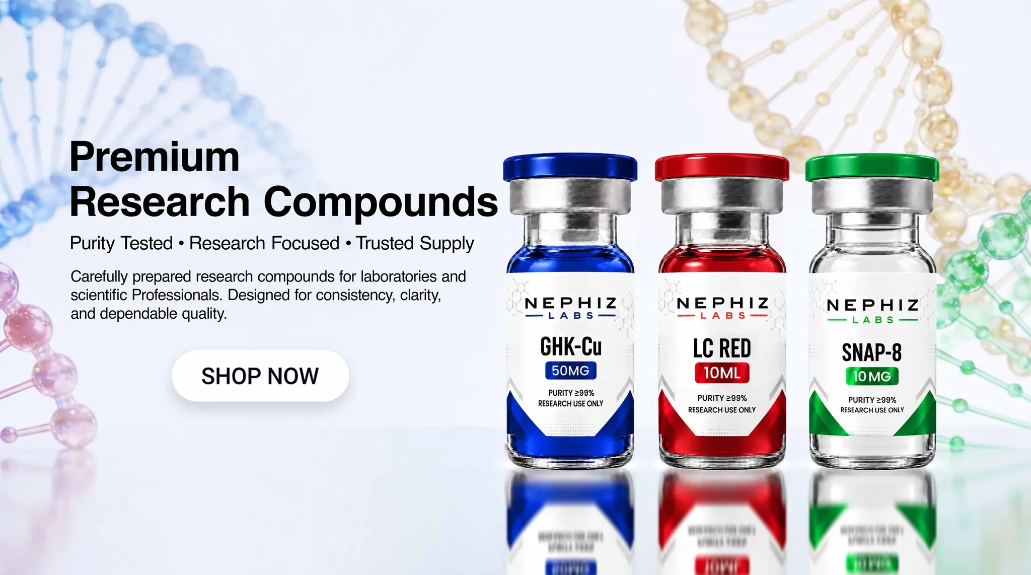 Nephiz Labs Forschungspeptide – Ampullen GHK-Cu, LC RED und SNAP-8, laborgetestet