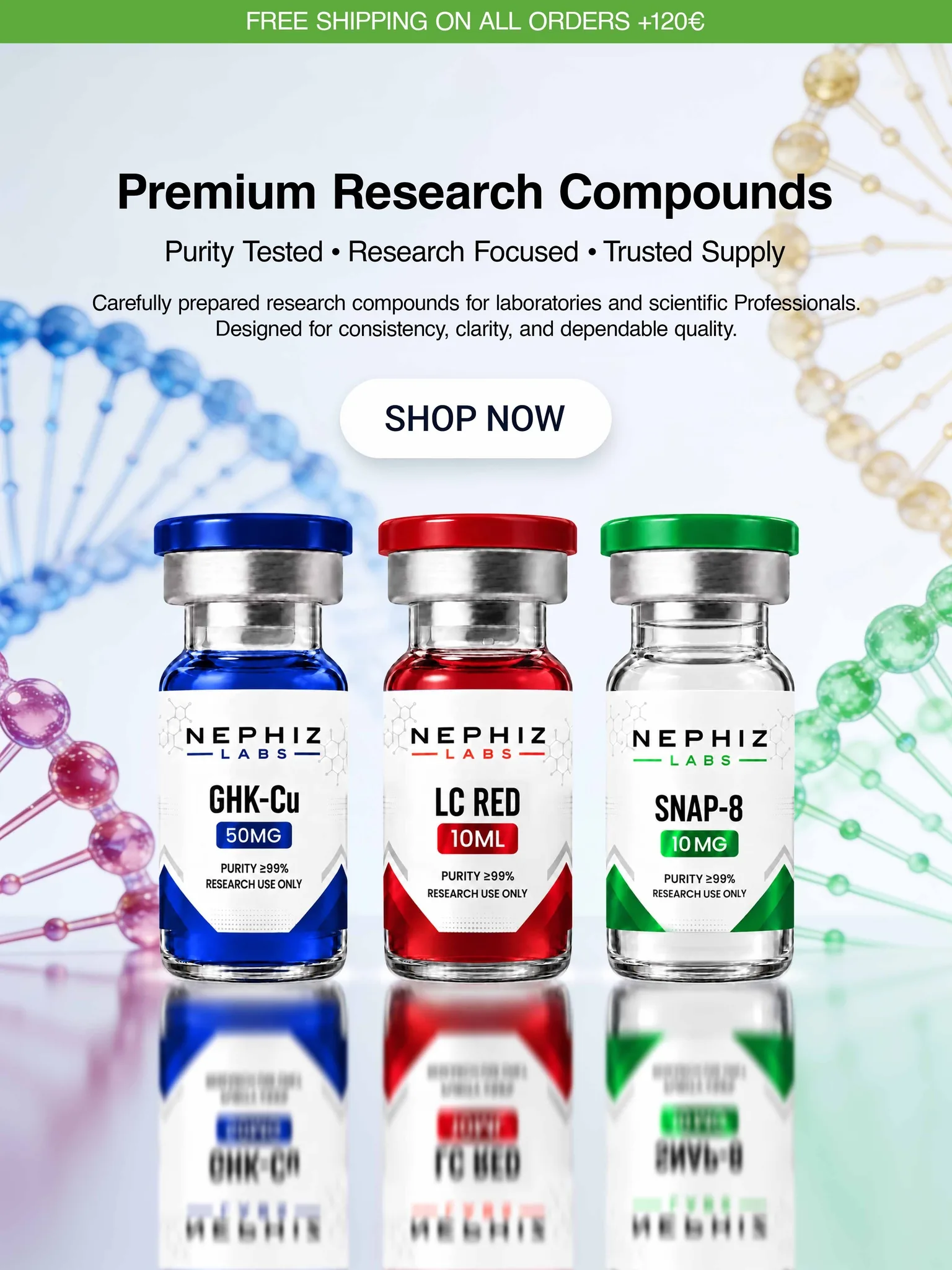 Nephiz Labs Forschungspeptide – Ampullen GHK-Cu, LC RED und SNAP-8, laborgetestet
